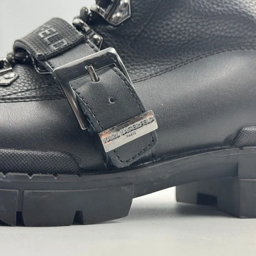 Karl Lagerfeld Paris Mens 13 Black Belted Leather Hiker Biker Boots NWOB
